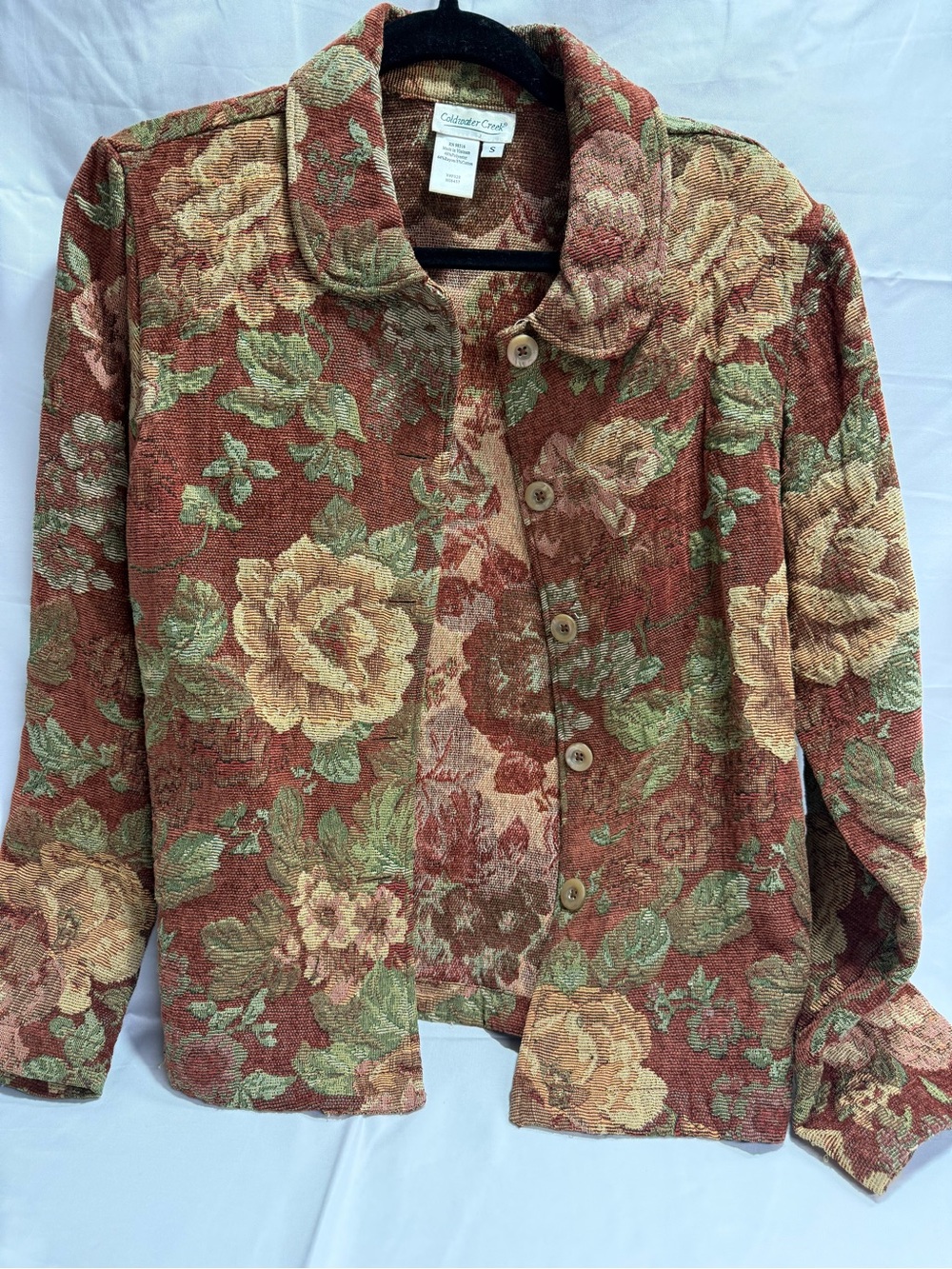 Coldwater Creek Rust Floral Button-Front Jacket with Green Accents